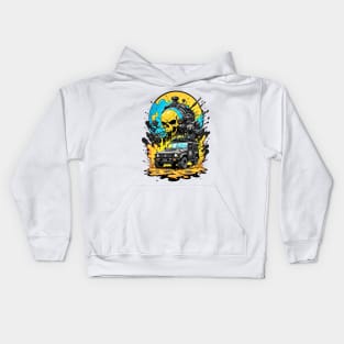 Apocalyptic cyberpunk truck feral skull futuristic poster design Kids Hoodie